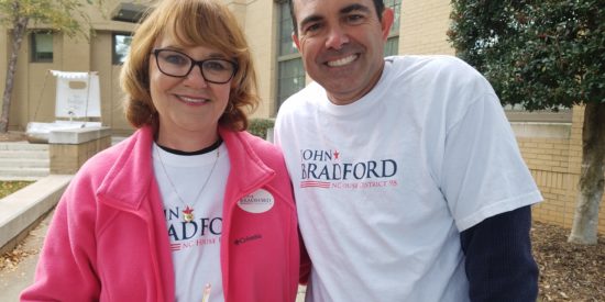 Ann Bradford with her son John Bradford meet voters at Cornelius Town Hall