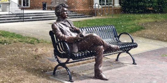 2015: Mark Twain bronze by Cornelius resident Jon Hair finds a home in front of the library / Dan Ahlers photo