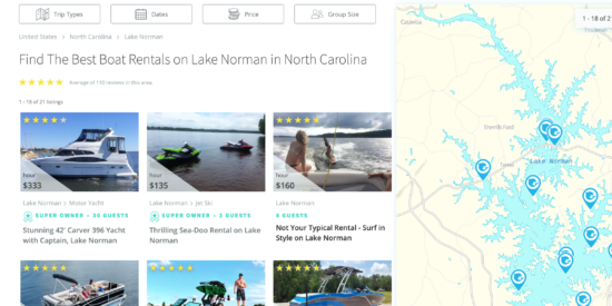 A screen shot of the GetMyBoat site for Lake Norman