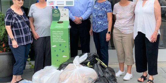 Bailey’s Glen Recycling Committee. L to R:  Janet Hirsch, Sandy Shore, Subaru Sales Manager Zachary Ratley, Subaru General Manager Steve Porter, Bonnie Sekely, Carol Lehman and Suzanne Fulton.