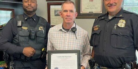 Peter McCormack, flanked by Lt. Vaughn Griffin on left and Chief Kevin Black, is the Cornelius Police Department employee of the quarter. Photo courtesy Town of Cornelius