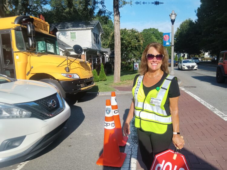 Kathie Moquin crossing guard at Cornelius Elementaryy