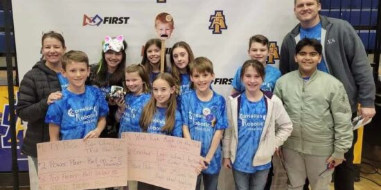 Members of the Cornelius Elementary Robotics Team at FIRST Lego League State Championship.
(R to L) Back row: Mrs.Warren, Katherine Chou, Alexis Admire, Eloise Bissette,  Liam Bredeson, Mr.Rosebrook
Front row: Keegan Bamford, Kaya Dickens, Zoey Hart, Anthony Gautier, Nora Tobias, Yahya Khan