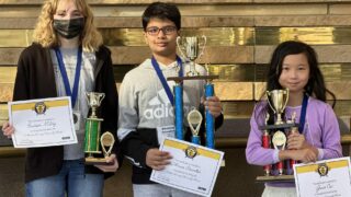 CMS 2023 District Spelling Bee winners from left: Emerson McVey, third place; Dhruva Srivatsa, first place: and Grace Cai, second place. 