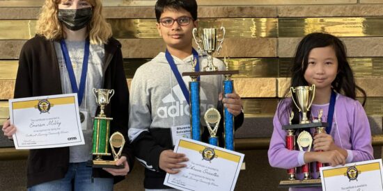 CMS 2023 District Spelling Bee winners from left: Emerson McVey, third place; Dhruva Srivatsa, first place: and Grace Cai, second place. 