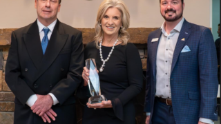 Scott T. Fletcher, manager of natural resources for Duke Energy presents Robin Smith Salzman of the Giving with Grace Foundation with the Duke Energy Citizenship and Service Award.  Also pictured is 2023 Chamber Chair Douglas Marion.  Photo: John McHugh/Ocaid Photography