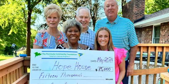 Debbie O’Handley and Pearline Smith of Hope House, and Garry Zage, George Searle and Brianna Sensale of the Peninsula Community Foundation