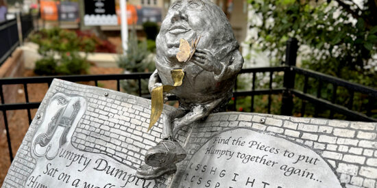 Humpty Dumpty is back out in front of Cornelius Elementary School, where he sat for six years before being discovered stolen in June of 2023 / Photo by Jason Benavides